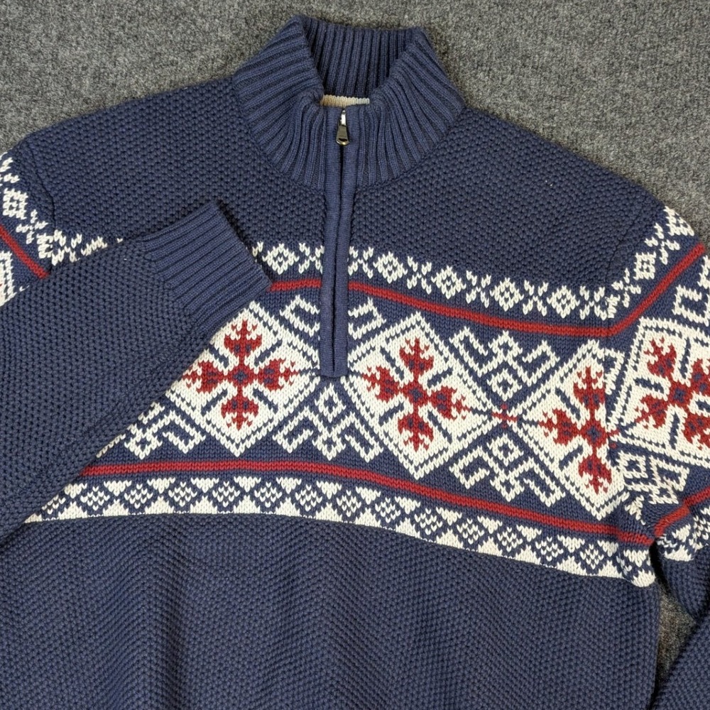 IZOD Mens Large Navy Blue Mock Neck Fair Isle Quarter Zip Cotton Blend Sweater